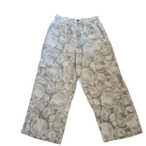 Tahari Green White Linen Tropical Pull on Wide Leg Cropped Pants S Beach Coastal